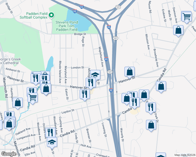map of restaurants, bars, coffee shops, grocery stores, and more near 61 Beaver Street in Manchester