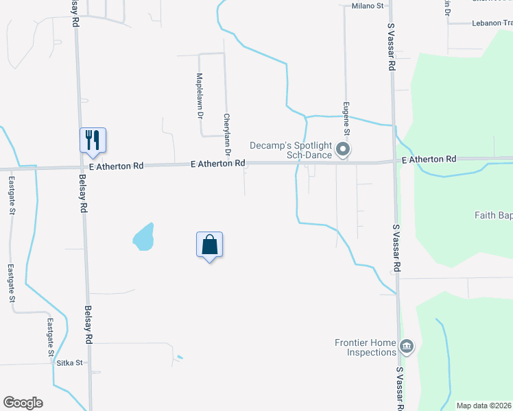 map of restaurants, bars, coffee shops, grocery stores, and more near 6292 East Atherton Road in Burton