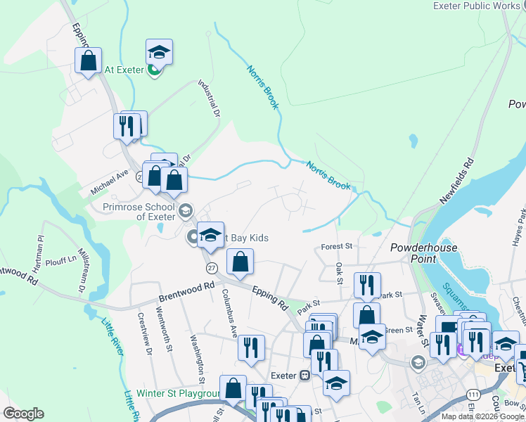 map of restaurants, bars, coffee shops, grocery stores, and more near 4 Brookside Drive in Exeter