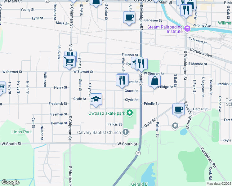 map of restaurants, bars, coffee shops, grocery stores, and more near 1002 Walnut Street in Owosso