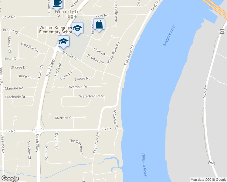 map of restaurants, bars, coffee shops, grocery stores, and more near 1048 East River Road in Grand Island
