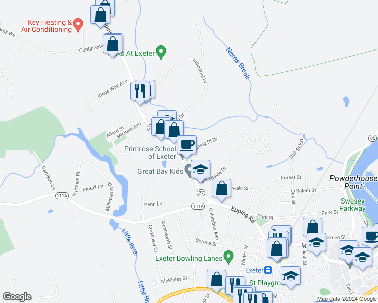 map of restaurants, bars, coffee shops, grocery stores, and more near 87 Epping Road in Exeter