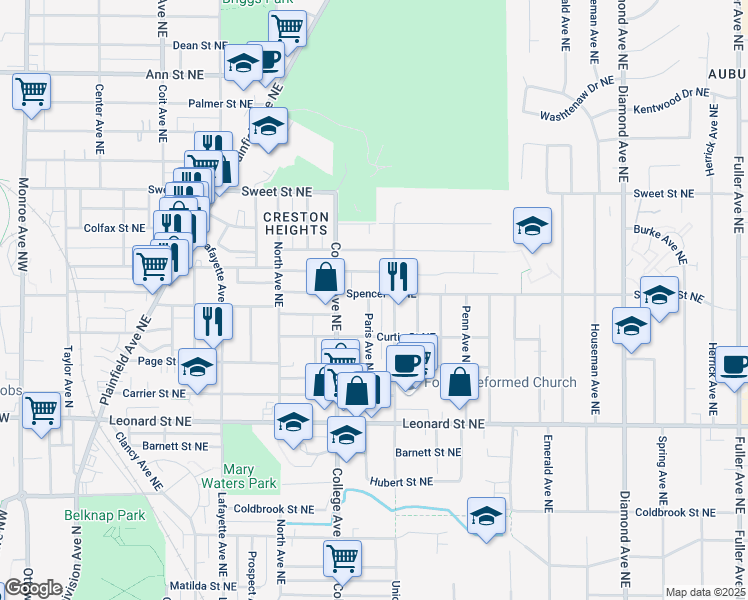 map of restaurants, bars, coffee shops, grocery stores, and more near 528 Spencer Street Northeast in Grand Rapids