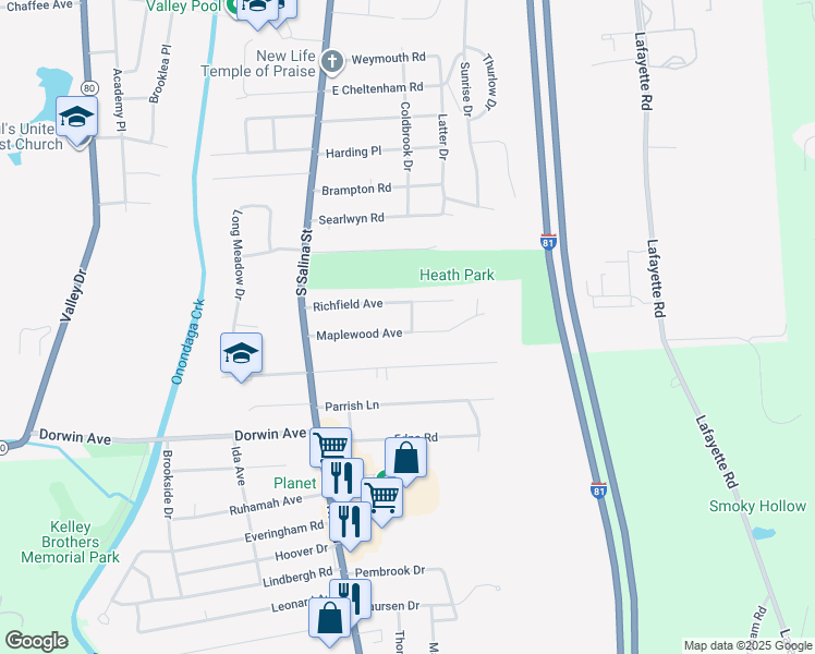 map of restaurants, bars, coffee shops, grocery stores, and more near 199 Maplewood Avenue in Syracuse
