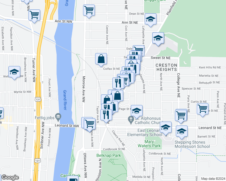 map of restaurants, bars, coffee shops, grocery stores, and more near 58 Caledonia St NE in Grand Rapids