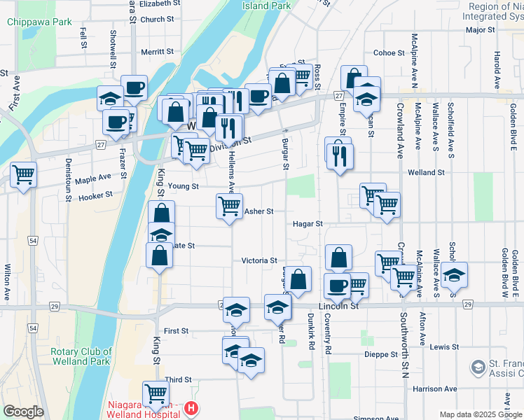 map of restaurants, bars, coffee shops, grocery stores, and more near 33 Garner Ave in Welland