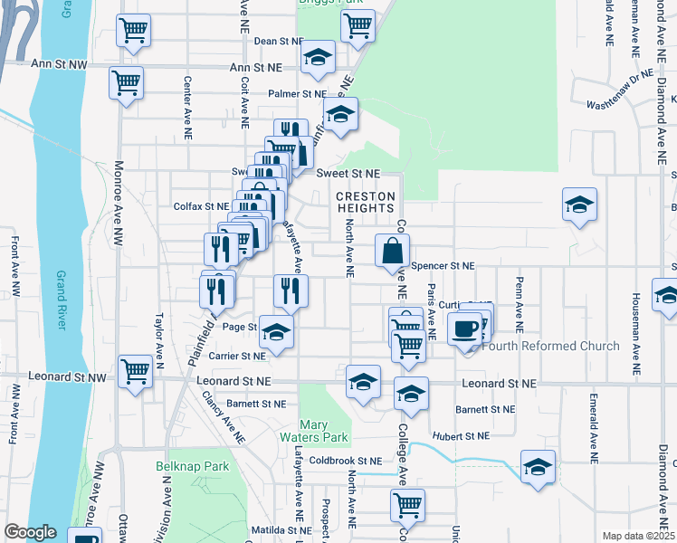 map of restaurants, bars, coffee shops, grocery stores, and more near 347 Spencer Street Northeast in Grand Rapids