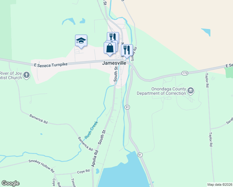 map of restaurants, bars, coffee shops, grocery stores, and more near 4476 Apulia Road in Jamesville