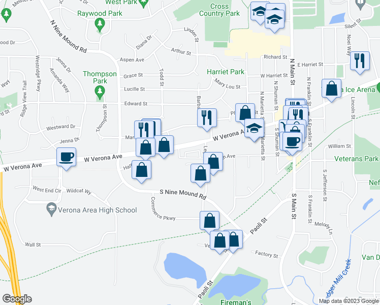 map of restaurants, bars, coffee shops, grocery stores, and more near 507 West Verona Avenue in Verona