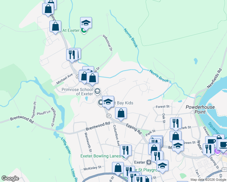map of restaurants, bars, coffee shops, grocery stores, and more near 4 Meeting Place Drive in Exeter