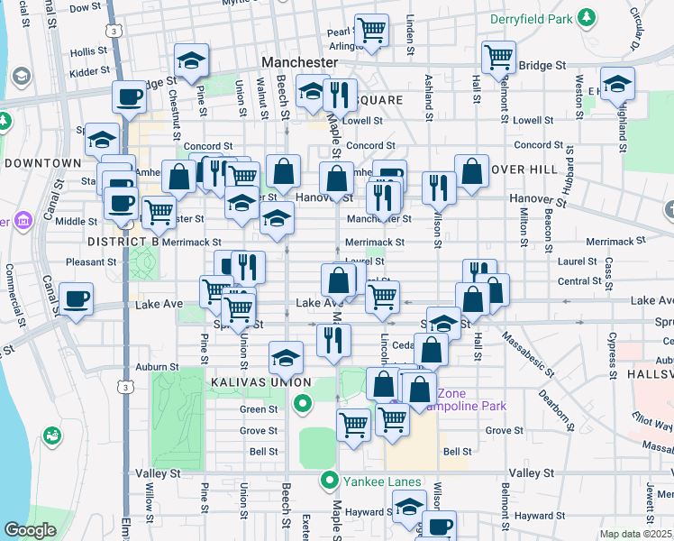 map of restaurants, bars, coffee shops, grocery stores, and more near 213 Laurel Street in Manchester