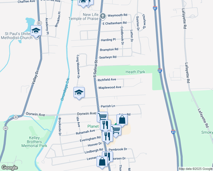 map of restaurants, bars, coffee shops, grocery stores, and more near 125 Maplewood Avenue in Syracuse