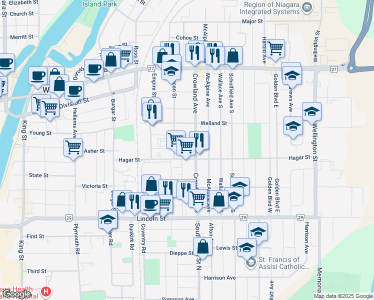 map of restaurants, bars, coffee shops, grocery stores, and more near in Welland