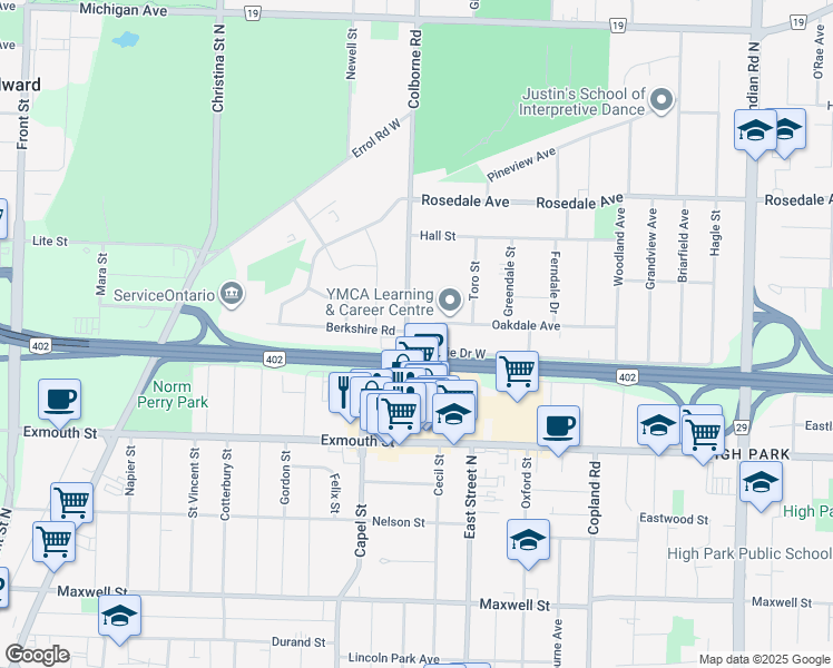 map of restaurants, bars, coffee shops, grocery stores, and more near 620 Berkshire Road in Sarnia