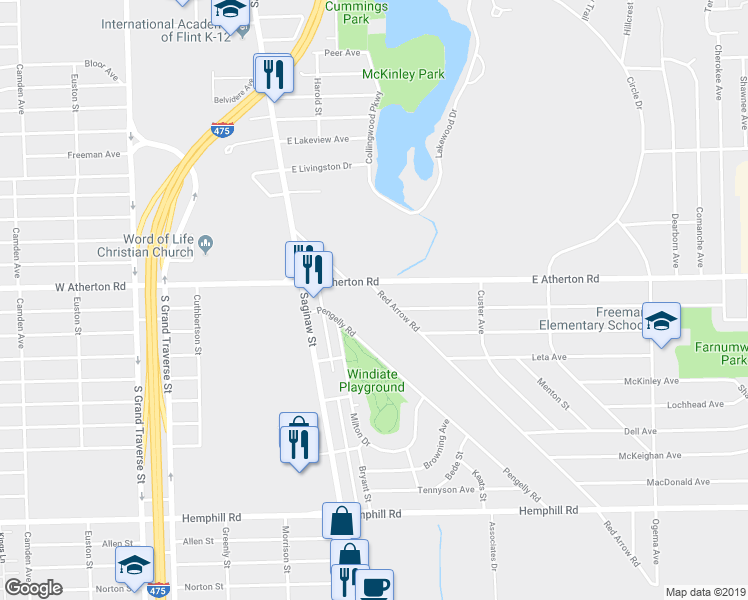 map of restaurants, bars, coffee shops, grocery stores, and more near 3834 Red Arrow Road in Flint