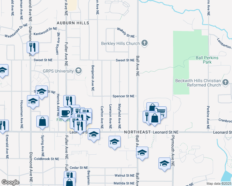 map of restaurants, bars, coffee shops, grocery stores, and more near 1426 Lewison Avenue Northeast in Grand Rapids