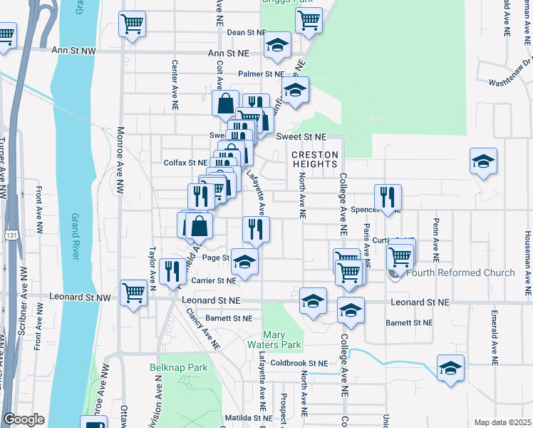 map of restaurants, bars, coffee shops, grocery stores, and more near 1400 Lafayette Avenue Northeast in Grand Rapids