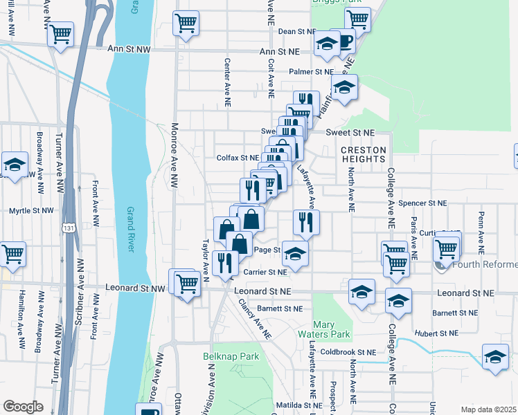 map of restaurants, bars, coffee shops, grocery stores, and more near 1403 Plainfield Avenue Northeast in Grand Rapids