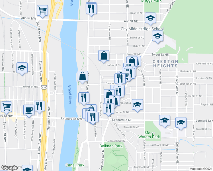 map of restaurants, bars, coffee shops, grocery stores, and more near 18 Caledonia Street Northeast in Grand Rapids
