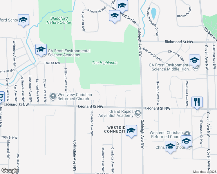 map of restaurants, bars, coffee shops, grocery stores, and more near 1330 Woodland Avenue Northwest in Grand Rapids