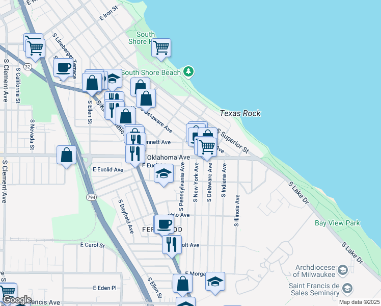 map of restaurants, bars, coffee shops, grocery stores, and more near 2410 East Oklahoma Avenue in Milwaukee