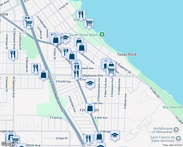 map of restaurants, bars, coffee shops, grocery stores, and more near 2334 East Oklahoma Avenue in Milwaukee
