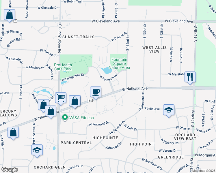 map of restaurants, bars, coffee shops, grocery stores, and more near 3115 Fountain Square Boulevard in New Berlin