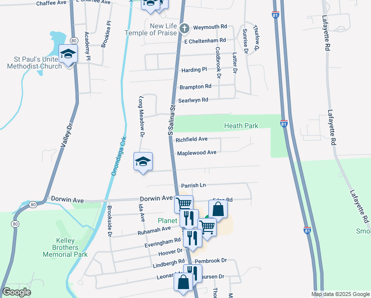 map of restaurants, bars, coffee shops, grocery stores, and more near 125 Maplewood Ave in Syracuse