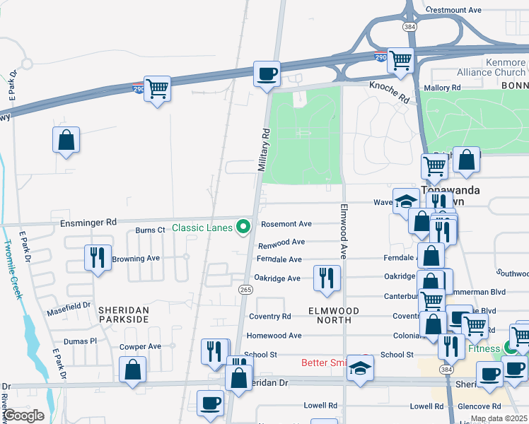 map of restaurants, bars, coffee shops, grocery stores, and more near 1887 Military Road in Buffalo