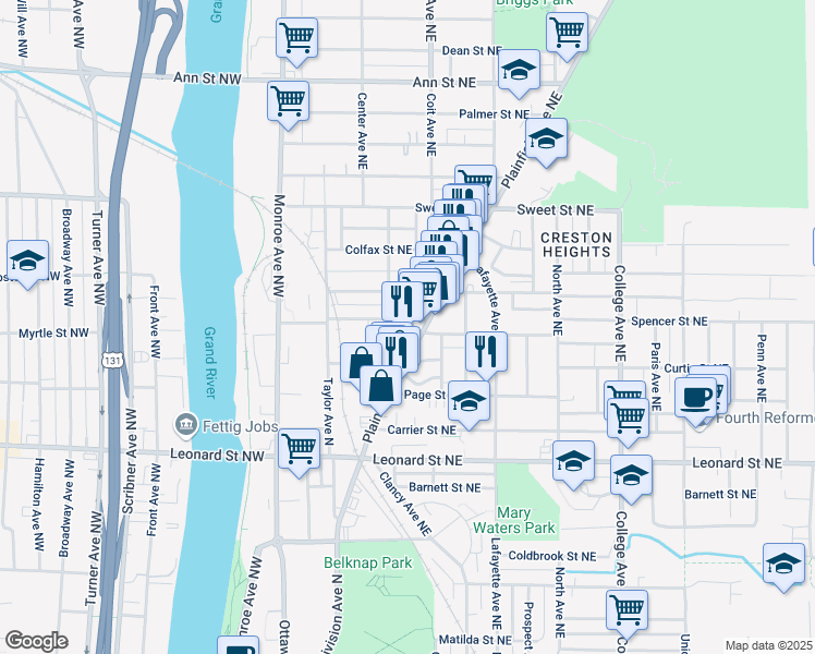 map of restaurants, bars, coffee shops, grocery stores, and more near 116 Caledonia Street Northeast in Grand Rapids