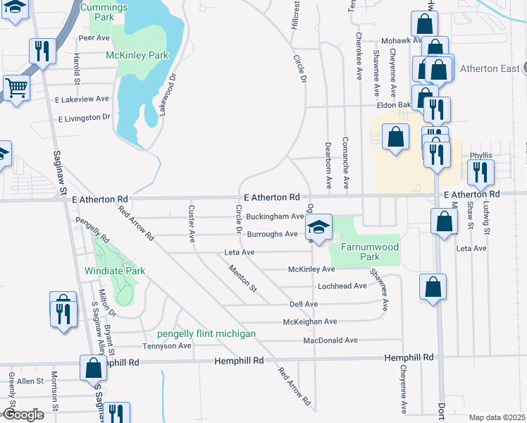 map of restaurants, bars, coffee shops, grocery stores, and more near 533 Buckingham Avenue in Flint