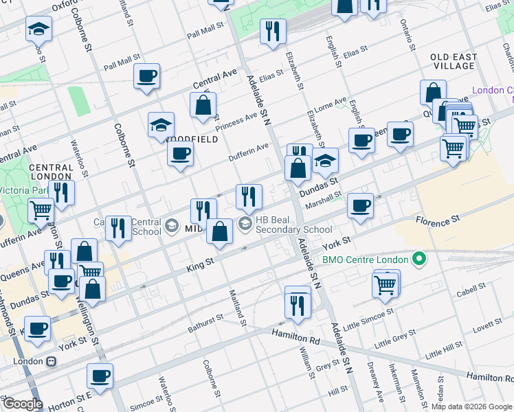 map of restaurants, bars, coffee shops, grocery stores, and more near 544 Dundas Street in London