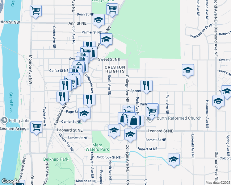 map of restaurants, bars, coffee shops, grocery stores, and more near 416 Spencer Street Northeast in Grand Rapids