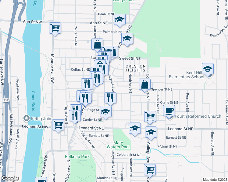 map of restaurants, bars, coffee shops, grocery stores, and more near 1400 Lafayette Avenue Northeast in Grand Rapids