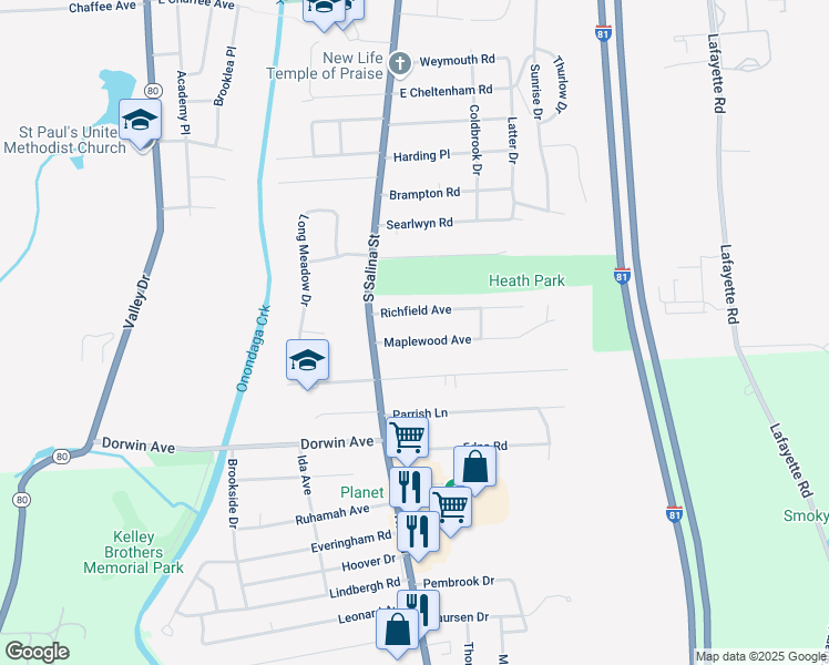 map of restaurants, bars, coffee shops, grocery stores, and more near 125 Maplewood Avenue in Syracuse