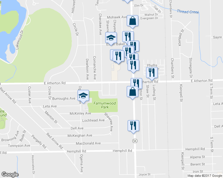 map of restaurants, bars, coffee shops, grocery stores, and more near 3813 Shawnee Avenue in Flint