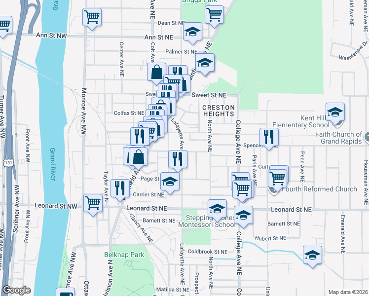 map of restaurants, bars, coffee shops, grocery stores, and more near 1400 Lafayette Avenue Northeast in Grand Rapids
