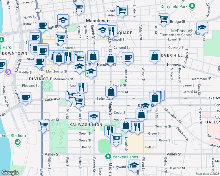 map of restaurants, bars, coffee shops, grocery stores, and more near 384 Maple Street in Manchester