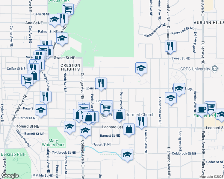 map of restaurants, bars, coffee shops, grocery stores, and more near 1375 Ashland Avenue Northeast in Grand Rapids