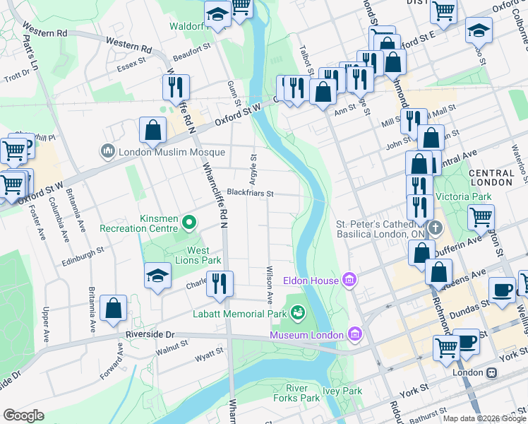 map of restaurants, bars, coffee shops, grocery stores, and more near 144 Wilson Avenue in London
