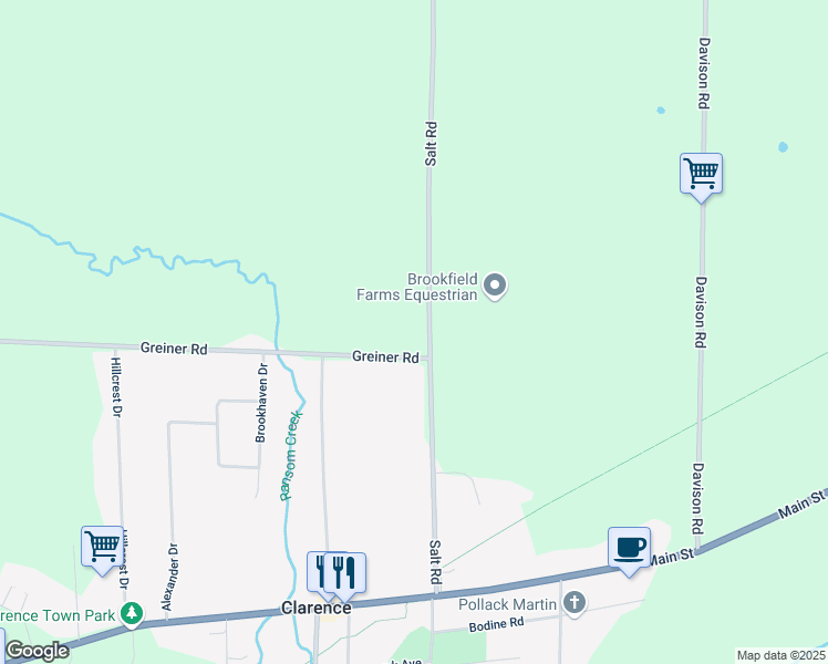 map of restaurants, bars, coffee shops, grocery stores, and more near 5270 Salt Road in Clarence