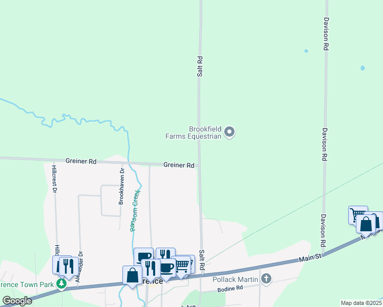 map of restaurants, bars, coffee shops, grocery stores, and more near 5270 Salt Road in Clarence