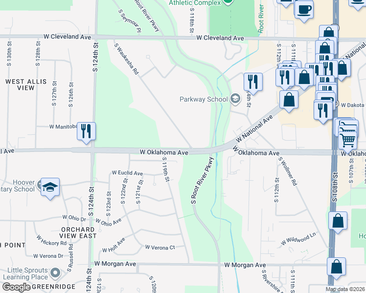 map of restaurants, bars, coffee shops, grocery stores, and more near 11836 West Oklahoma Avenue in West Allis
