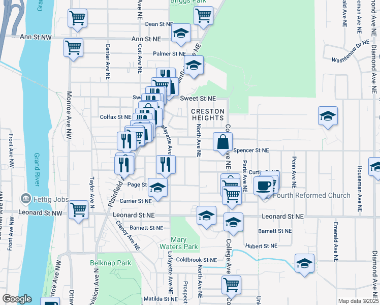 map of restaurants, bars, coffee shops, grocery stores, and more near 343 Spencer Street Northeast in Grand Rapids