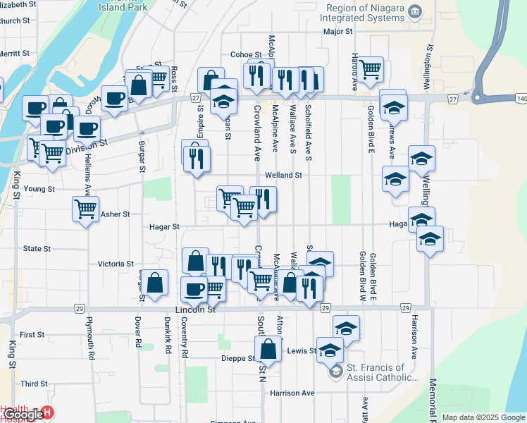 map of restaurants, bars, coffee shops, grocery stores, and more near 202 Crowland Avenue in Welland