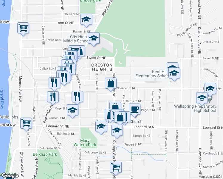 map of restaurants, bars, coffee shops, grocery stores, and more near 448 Spencer Street Northeast in Grand Rapids