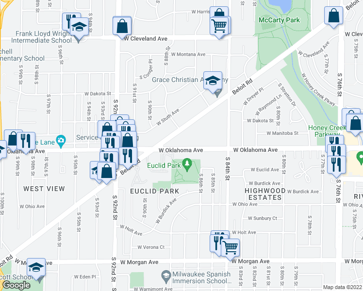 map of restaurants, bars, coffee shops, grocery stores, and more near 8700 West Oklahoma Avenue in Milwaukee