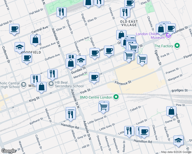 map of restaurants, bars, coffee shops, grocery stores, and more near 715 King Street in London