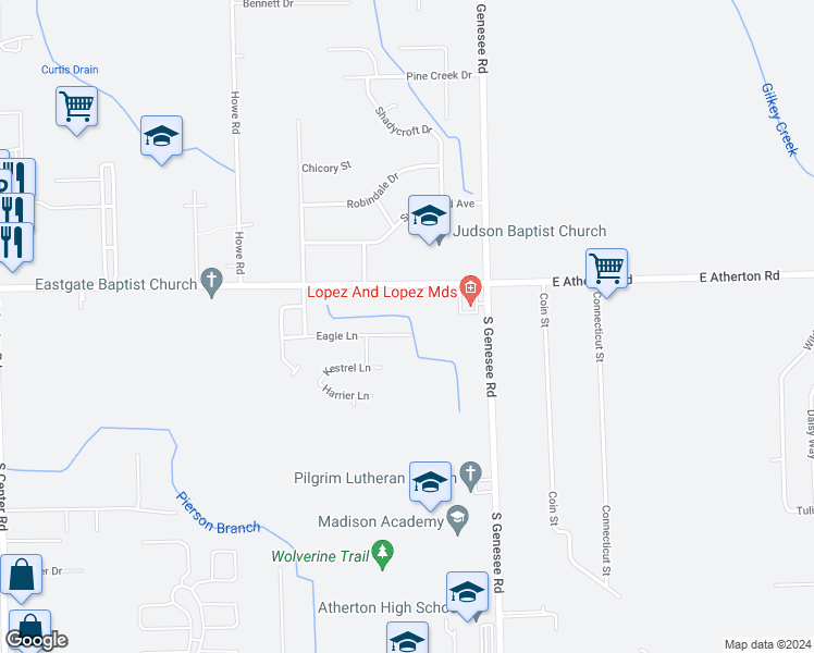 map of restaurants, bars, coffee shops, grocery stores, and more near 4429 Eagle Lane in Burton