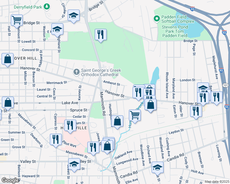 map of restaurants, bars, coffee shops, grocery stores, and more near 772 Hanover Street in Manchester